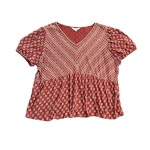 Lucky Brand Bohemian Babydoll V-Neck Red & White Floral Patterned Blouse Size 1X